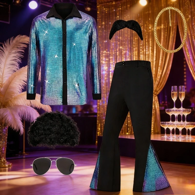 

Retro 70s Men's Disco Shining Performance Costume Classic Party Outfit Stage Theme
