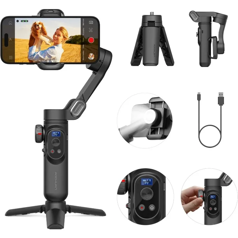 Gimbal Stabilizer for Smartphone, Gimbal w/Wireless Charging iPhone Gimbal for iPhone 15 Pro Max/Android Foldable 3-Axis