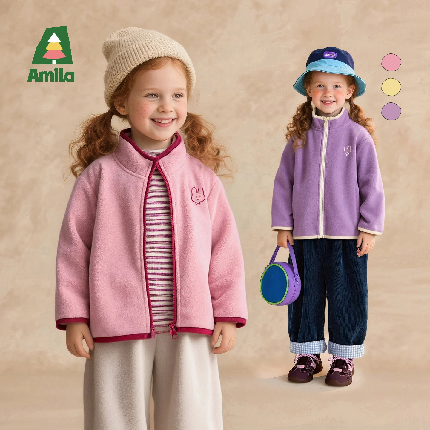 Amila Kids 2026 Winter Children's Polar Velvet Zipper Coat Warm Soft Coat With Cute Embroidery Trendy Winter Coat