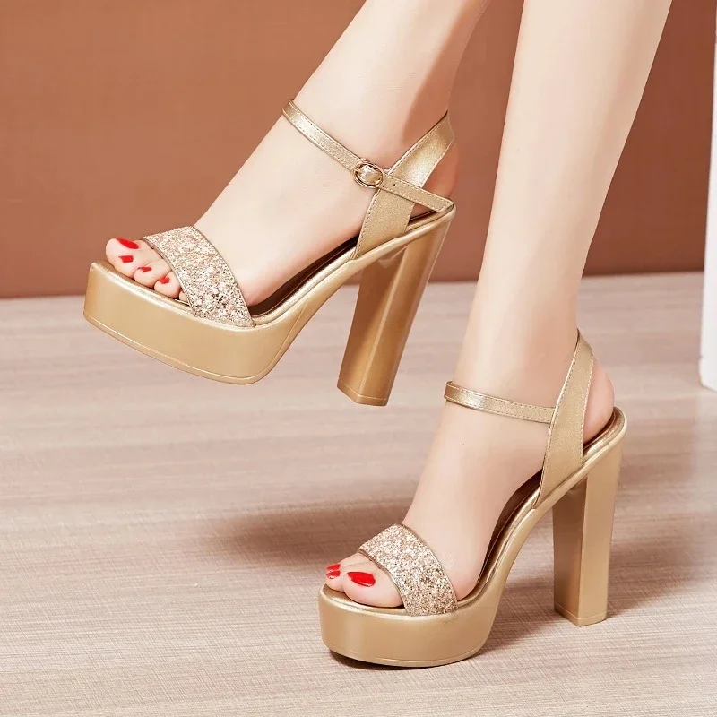 Ankle Strap Square High Heels Women Summer New Roman Sliver Gold Sandals Large Size Thick Platform Shoes For Female A0027