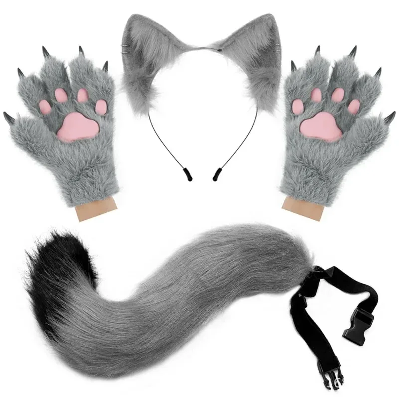 4Pcs/set Plush Fox Ears Tail Fluffy Cat Paw Gloves with Nails Animal Ear Halloween Costume Accessories Furry Kitsune Cosplay Set