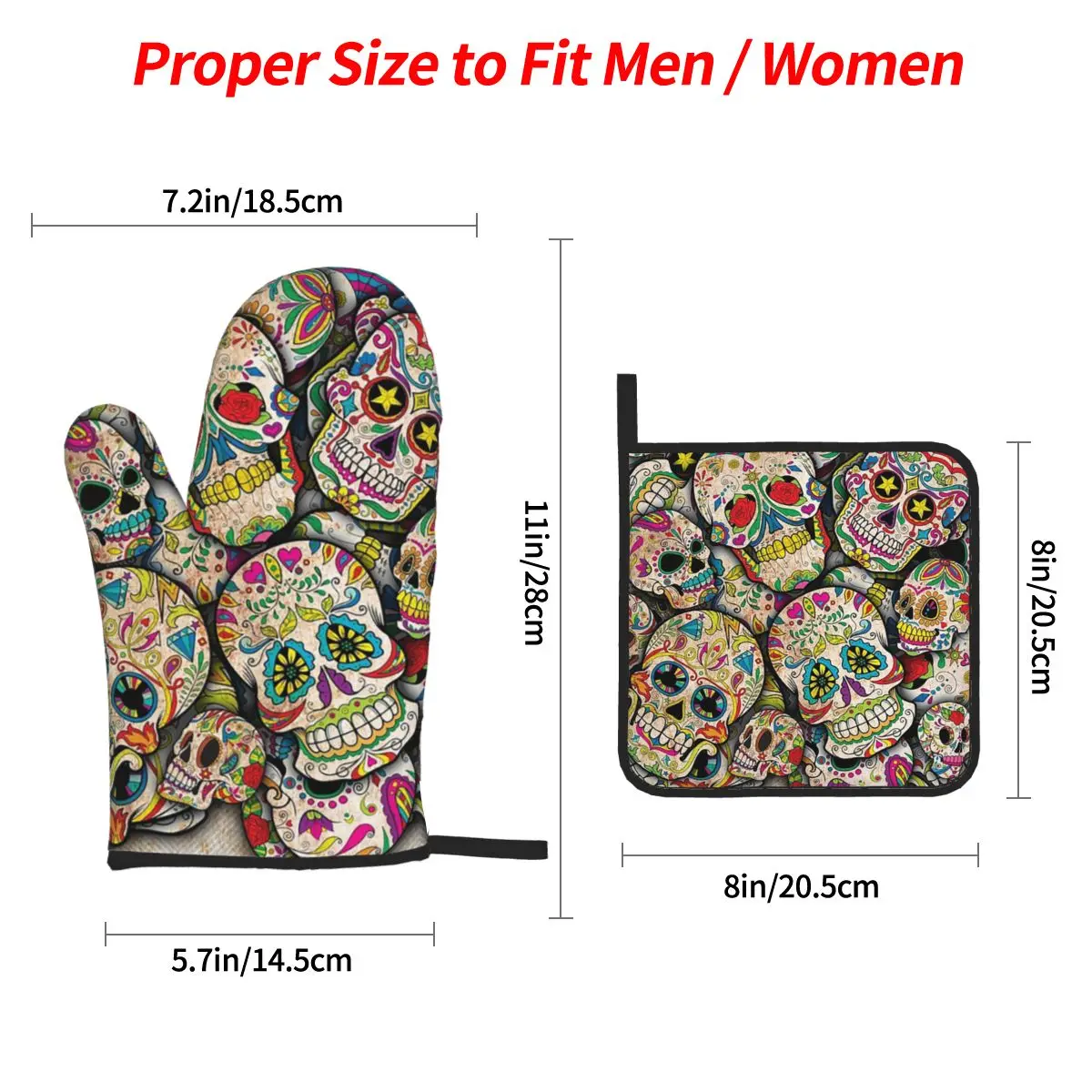 Sugar Skull Collage Oven Mitts and Pot Holder Sets of 4 for Baking Kitchen Cooking Grilling Resistant Non-Slip Gloves