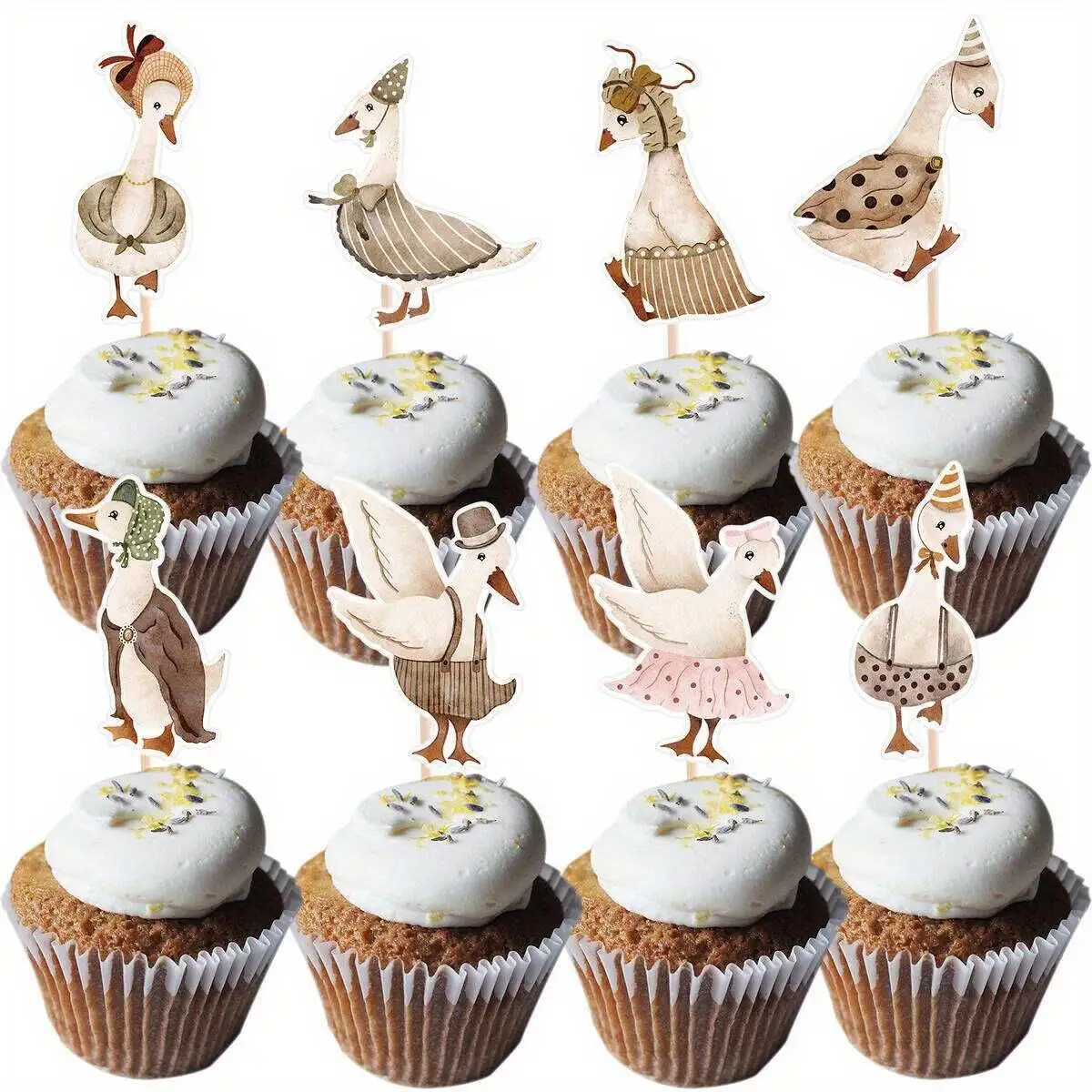 24 Stück Cartoon-Cupcake-Topper im Vintage-Stil, bedruckt mit Bambus-Stick-Topper für Ackerland-Gans, alles Gute zum Geburtstag, Kuchendekoration