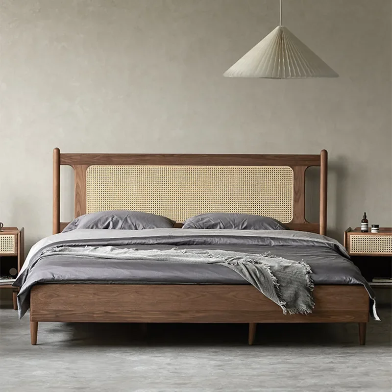 For Modern Simple Solid Wood Bed New Chinese Style Black Walnut Rattan Double Bed Retro Homestay Furniture Small Apartment