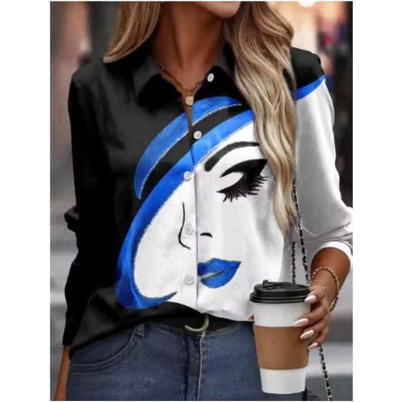 

New Retro Women's Shirt Anime Cat Pattern Autumn Collar Long Sleeve Top Harajuku Women's Personalized Street Style Button Shirt