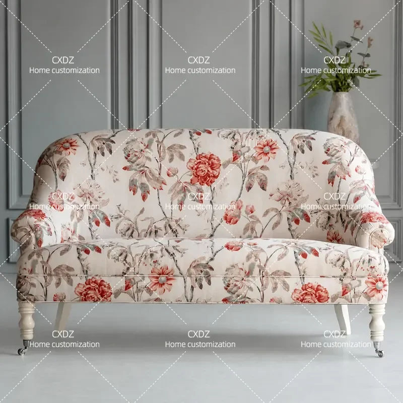 Retro Pastoral Fabric High Back Sofa Chair Small Apartment Living Room Medieval Style Straight Row Compact Double Seater