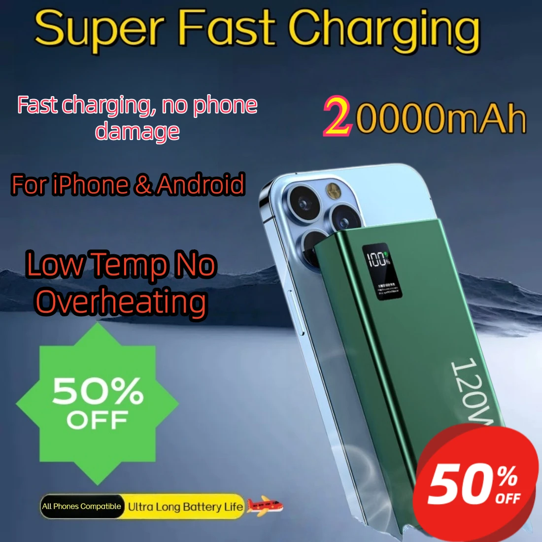 

120W Super Fast Charging 20000mAh Large Capacity 4 In 1 Built-in Cables Portable External Battery Mobile Power Supply For Phone