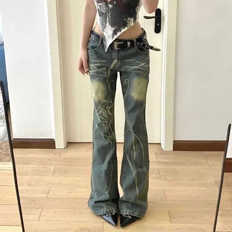 

Women's Low Waist Flare Jeans Vintage Washed Retro Denim Trousers Korean Fashion Street Low Rise Slimming Slouchy Jeans Woman