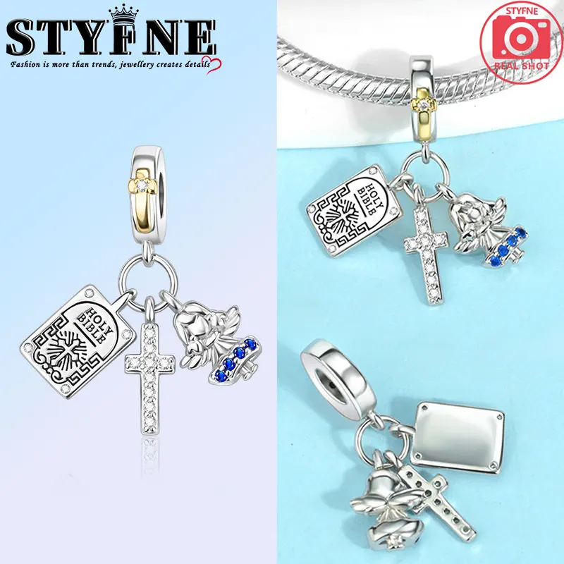 Symbols 2025 Beads 925 Sterling Silver Religion Angel Cross Prophecy Book Set of 3 Charms for Women's Jewelry DIY Gift