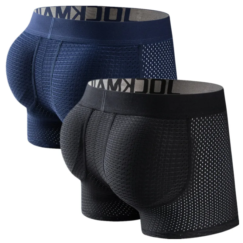 Jockmail Long Mesh Buttocks Mens Boxer Panties with Padded Sponge Hip Lift Buttocks Flat-angle Fake Butt Functional Underwear