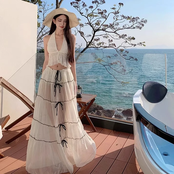 

Tropical Island Vacation Slimming Backless Belted Dress Beautiful Beach Skirt Summer 2025 Fashion Women's Set Student Uniform