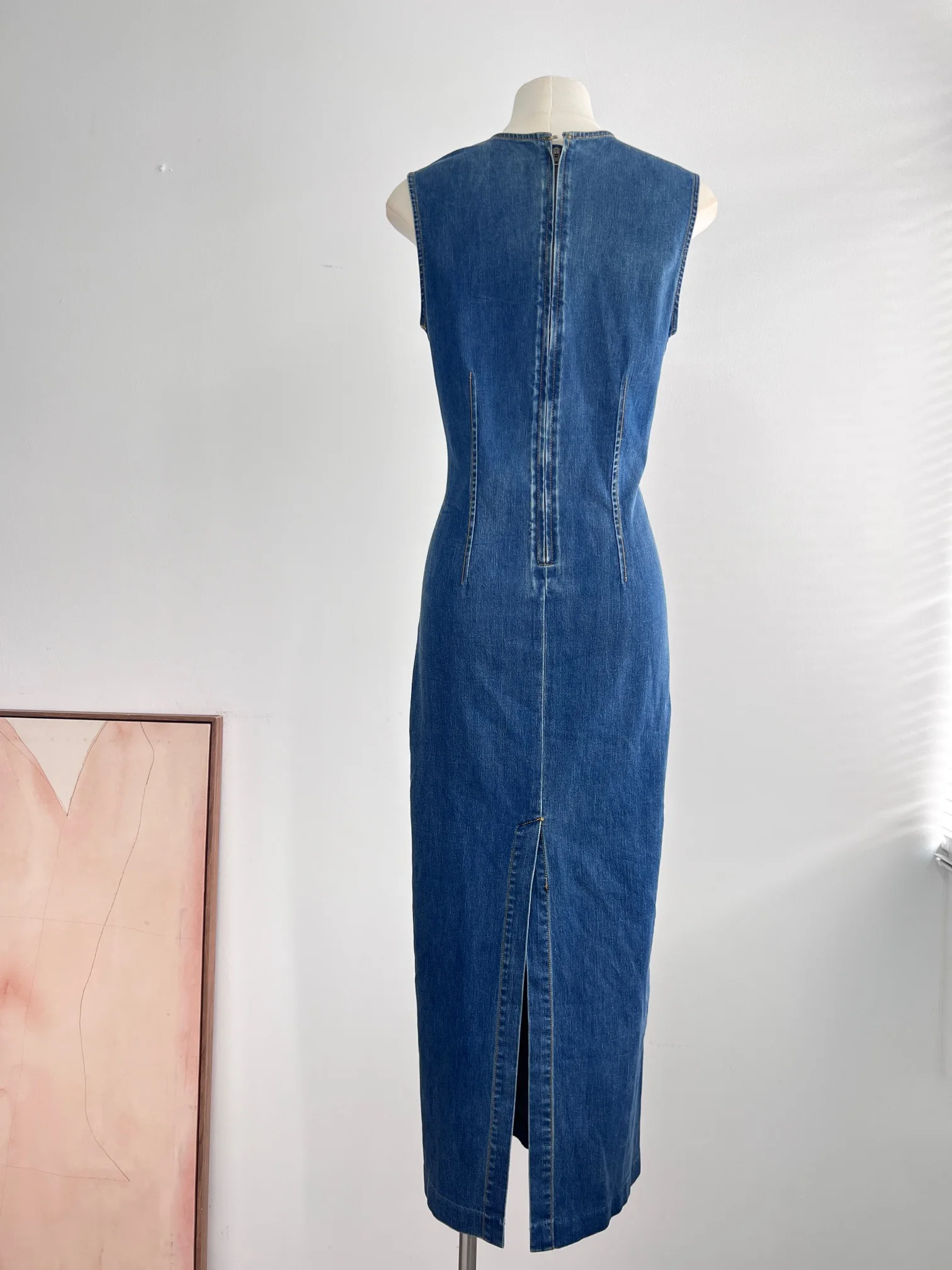 Robe longue en denim à col rond pour femmes, fermeture éclair au dos, mince, monochromatique, robes de documents décontractées, printemps, été, nouveau, 2024