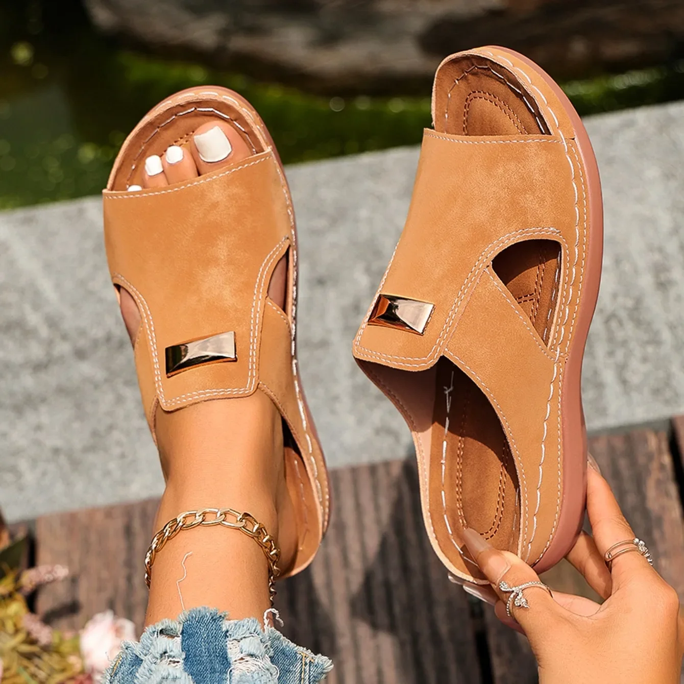 Damen Keilabsatz-Sandalen Sommer Mode-Sandalen Offene Zehen Designer-Sandalen Bequeme Schnallenschuhe Leichte Damen-Slides – Detail 10