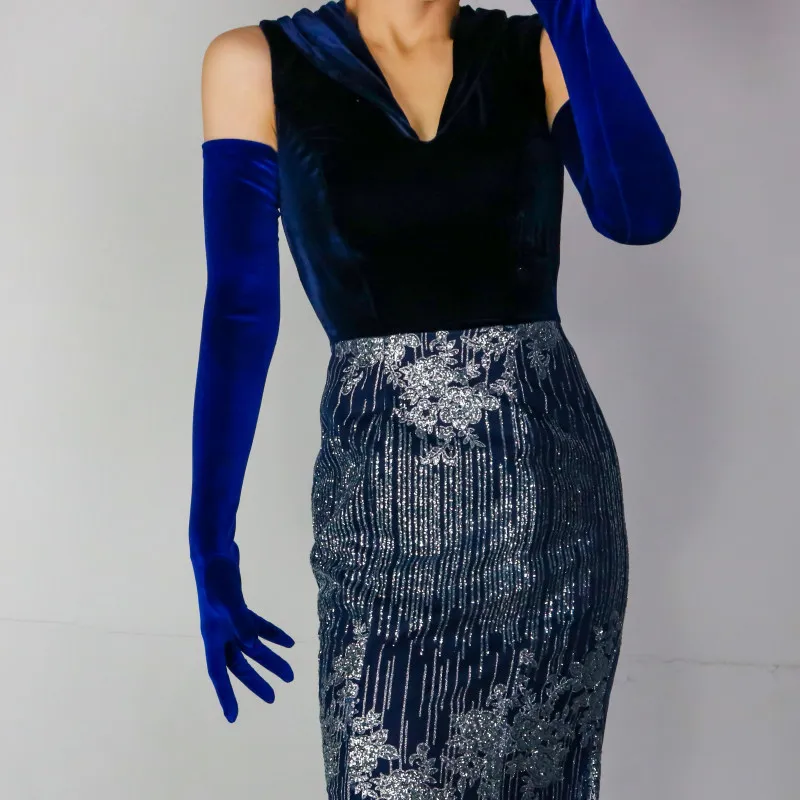 70 cm lange Samthandschuhe für Damen, elastischer Velours, Flanell, hautfreundlich, thermisch, elegante Armstulpen, sexy Vintage-Mode, 1920er Abendmode – Detail 10