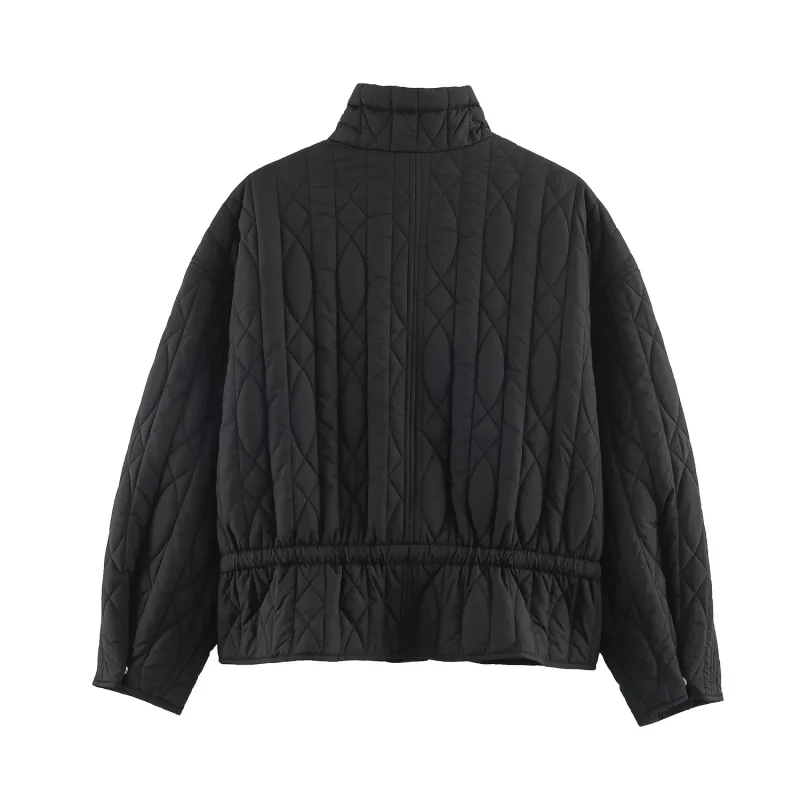 Damen-Freizeitjacke aus Baumwolle in Unifarbe mit Stehkragen, einzigartigem Designer-Look, Kordelzug in der Taille, lockerer Schnitt, Damen-Reißverschluss-Oberbekleidung – Detail 5