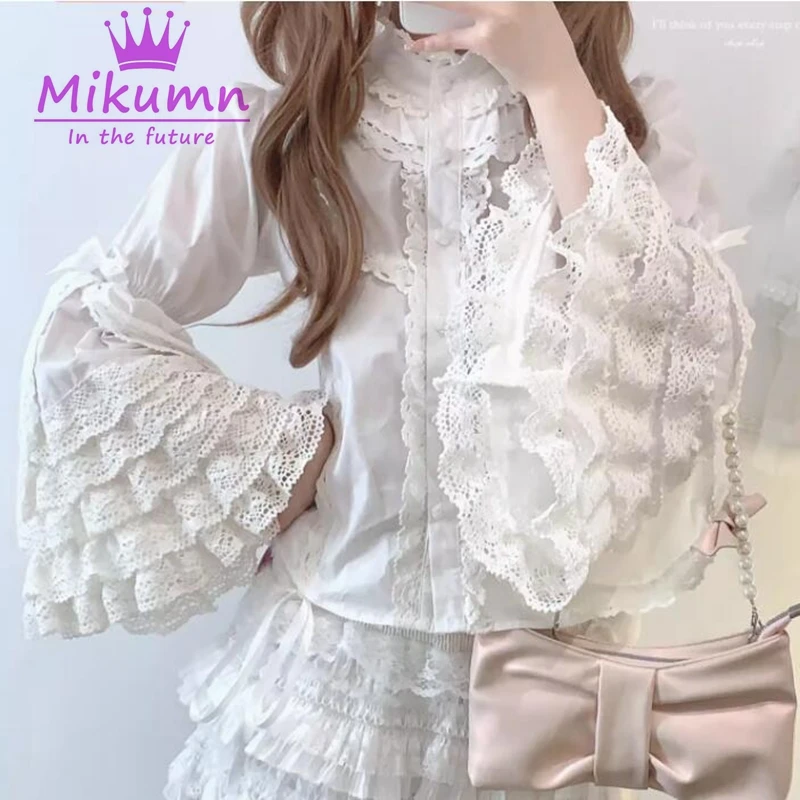 Mikumn-blusas de estilo Lolita gótico para mujer, blusas victorianas Vintage con volantes de encaje, Tops de manga acampanada, camisas Kawaii