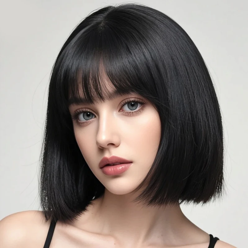 

Elegant synthetic 12 inch black wig suitable for women's daily use, heat-resistant fiber wig for party role-playing, daily use