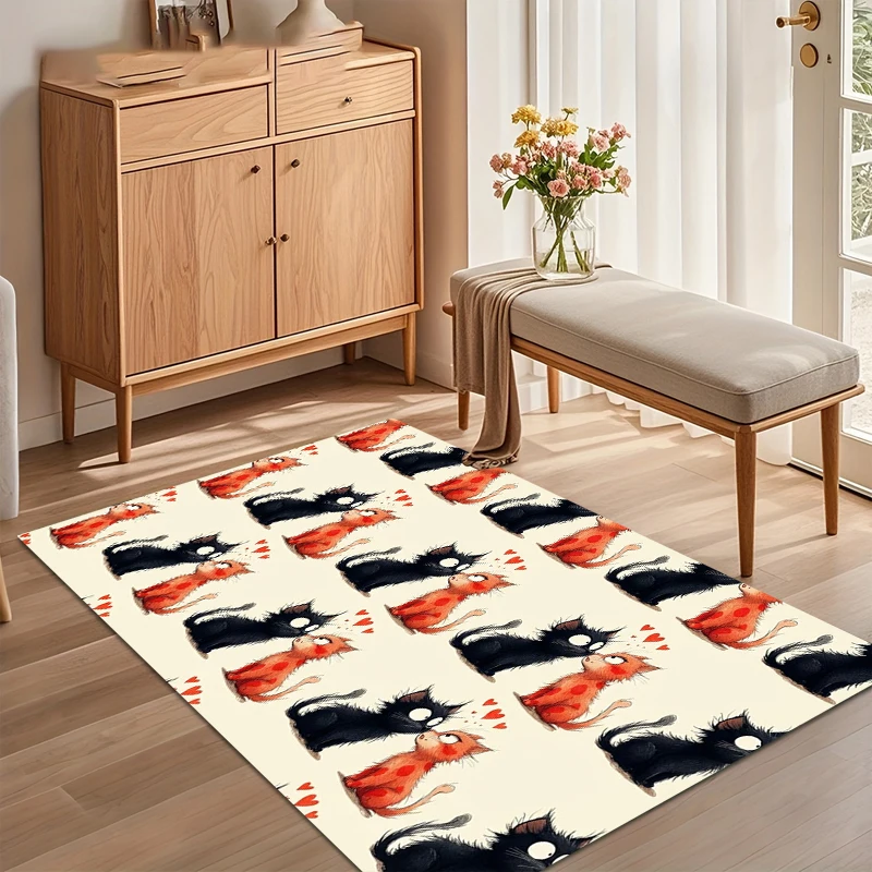 

Playful Area Rug with Black and Cat Illustrations and Heart Accents for A Charming Nursery Living Room and Bedroom Home Decor