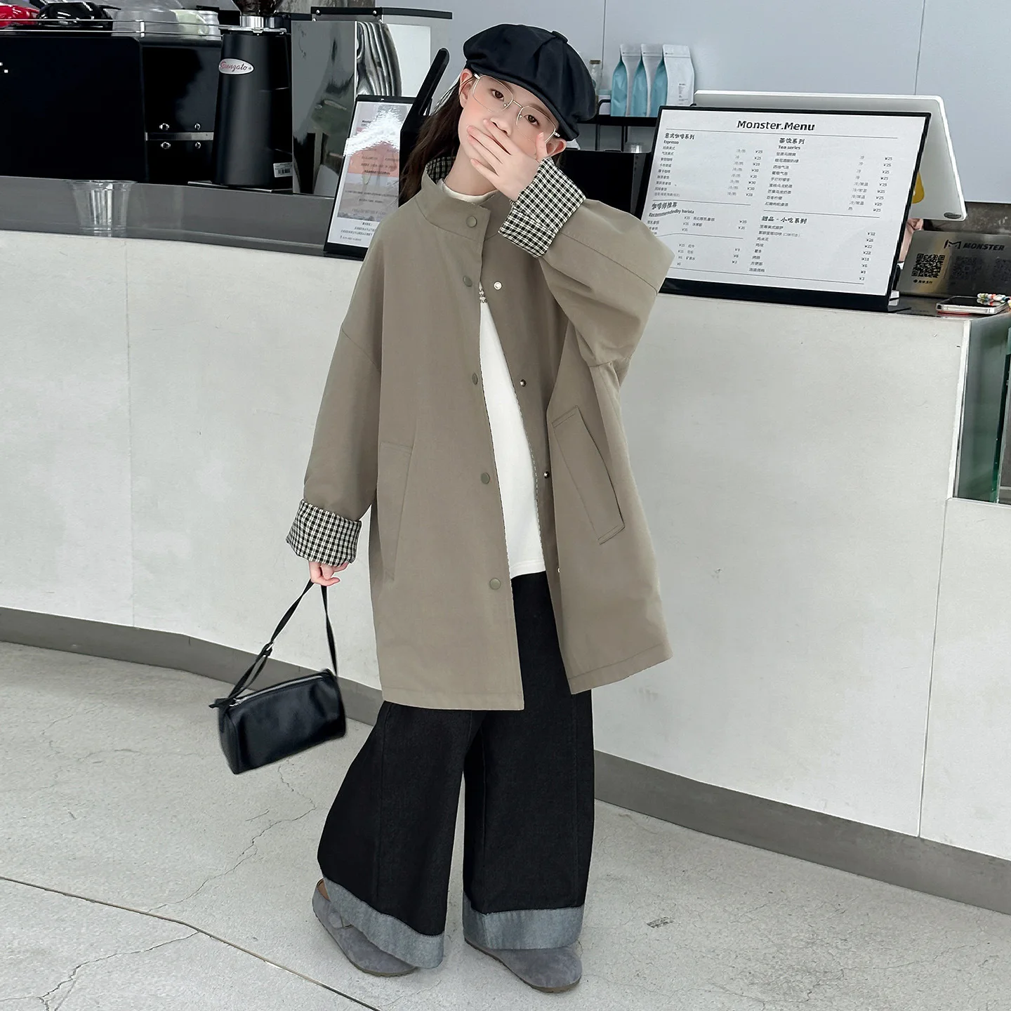 

Autumn Teenager Girls 2pcs Outfit Children Girls Plaid Round Neck Windbreaker School Girls Loose Denim Pant 4-14Y Girls Sets