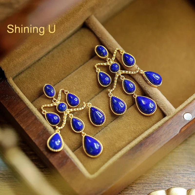 Shining U Vintage S925 Silver Lapis Lazuli Nanjiang Red Agate Drop Earrings for Women Fine Jewelry Party