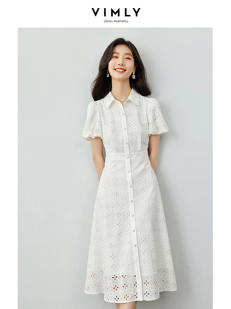 VIMLY French Style Women's Turndown Collar Commuter Shirt Dress Summer New Chic Hollowed Out Waisted Solid Party Long DressM7525