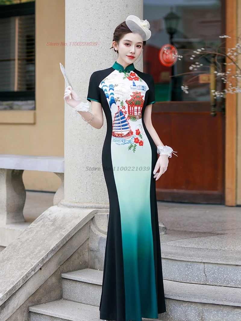 2026 chinese vintage dress improved qipao national flower embroidery patchwork cheongsam oriental banquet evening dress vestido
