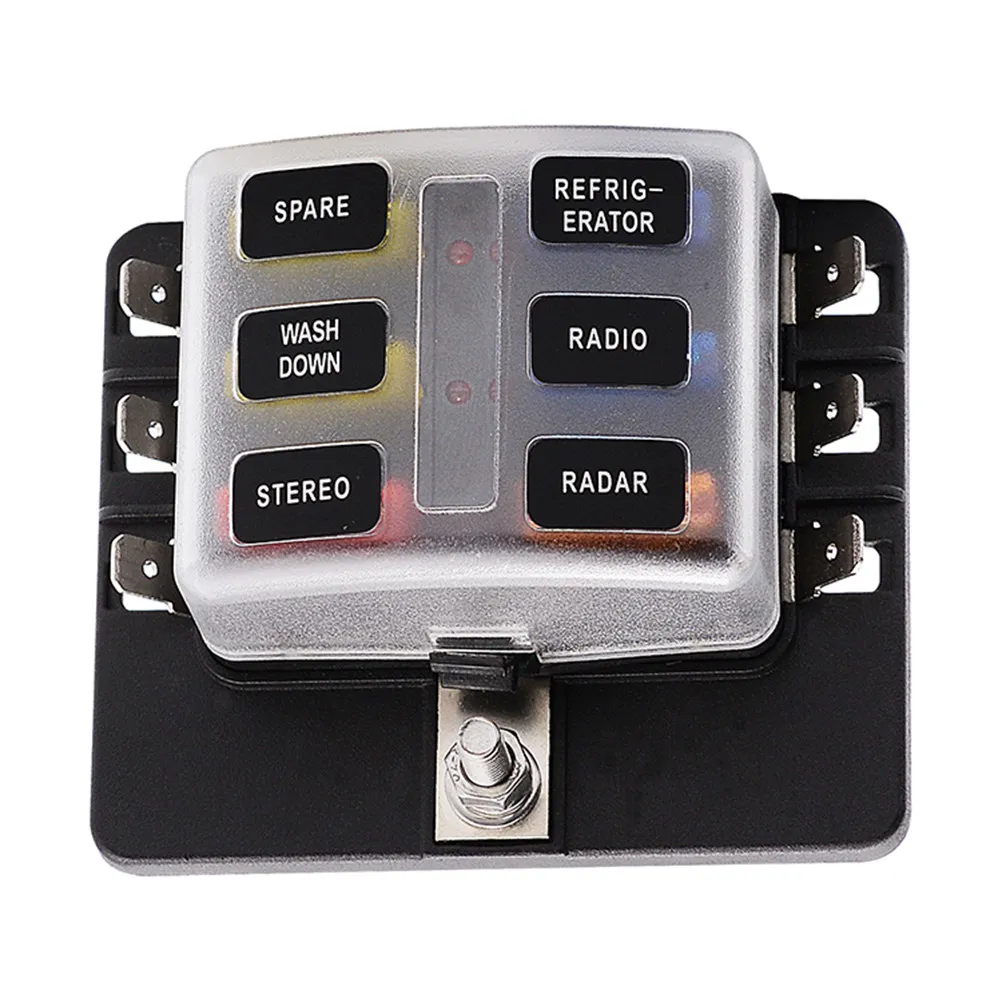 Car Fuse Box Base 6 -30V Black Pbt Fuse Holder with LED Indicator Terminal Block for Rv Car Audio Screw Nut Wiring
