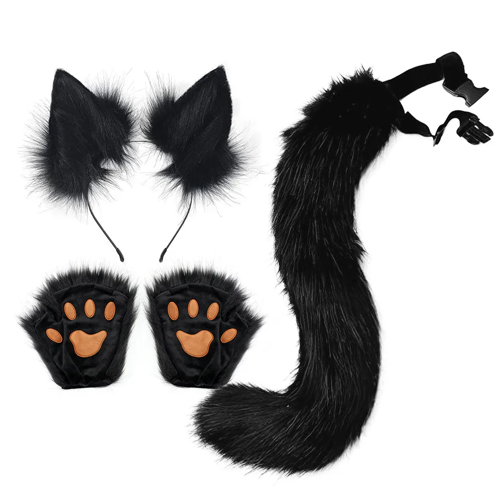 3 pz/set Halloween Fox Costume Set per le donne orecchie di volpe coda zampa guanti animale Fancy Costume Kit uomini Party costumi Cosplay