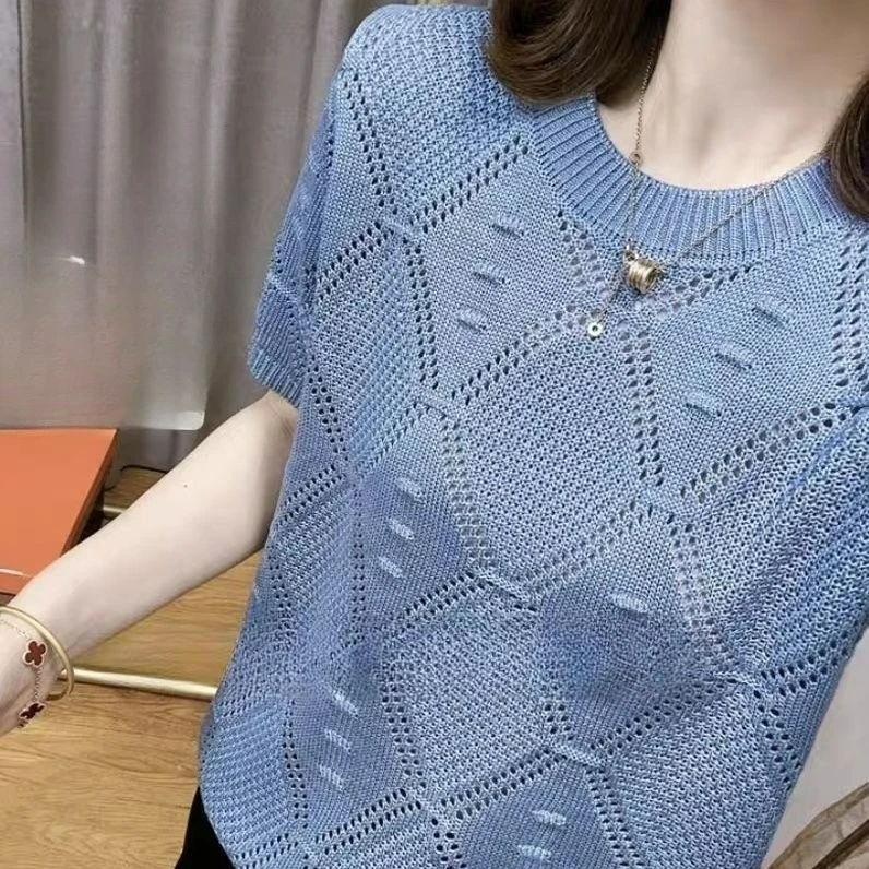 

Базовый однотонный вязаный топ с коротким рукавом и круглым вырезом, свободная футболка, летняя повседневная футболка с вырезами, женская винтажная мода Y2k, пуловер Z824