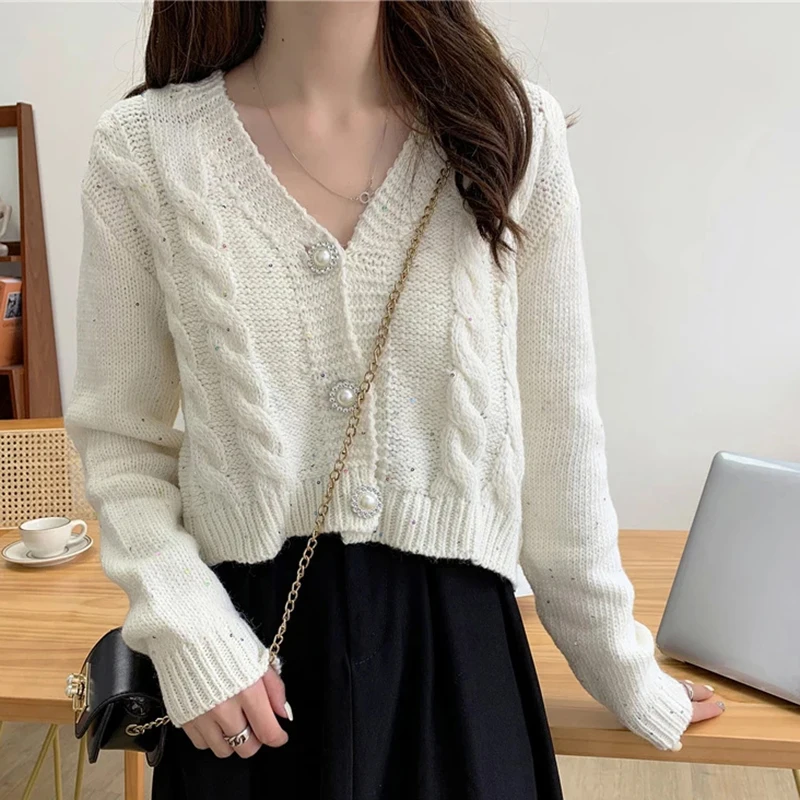 HELIAR Pearl Buttons Cardigan Women Sweet Long Sleeve Cropped Elegant Knitted Sweaters Coat Korean Long Sleeve White Cardigan