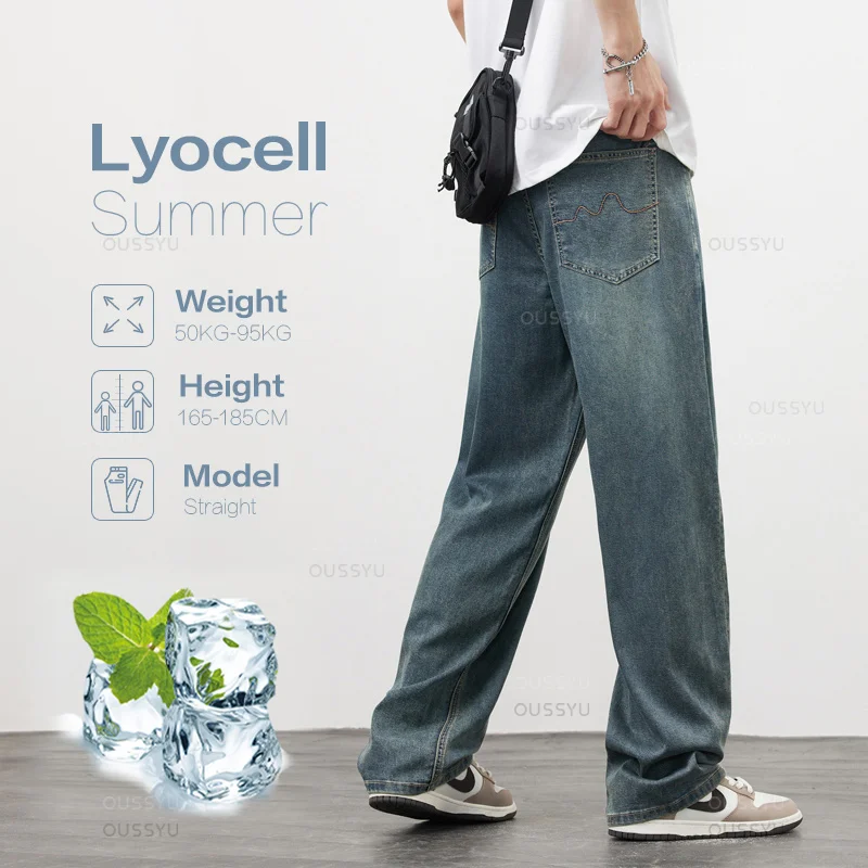 

Новинка, высококачественные мягкие джинсы Lyocell из ткани, мужские летние тонкие свободные повседневные брюки с широкими штанинами, синие мужские брюки в стиле ретро