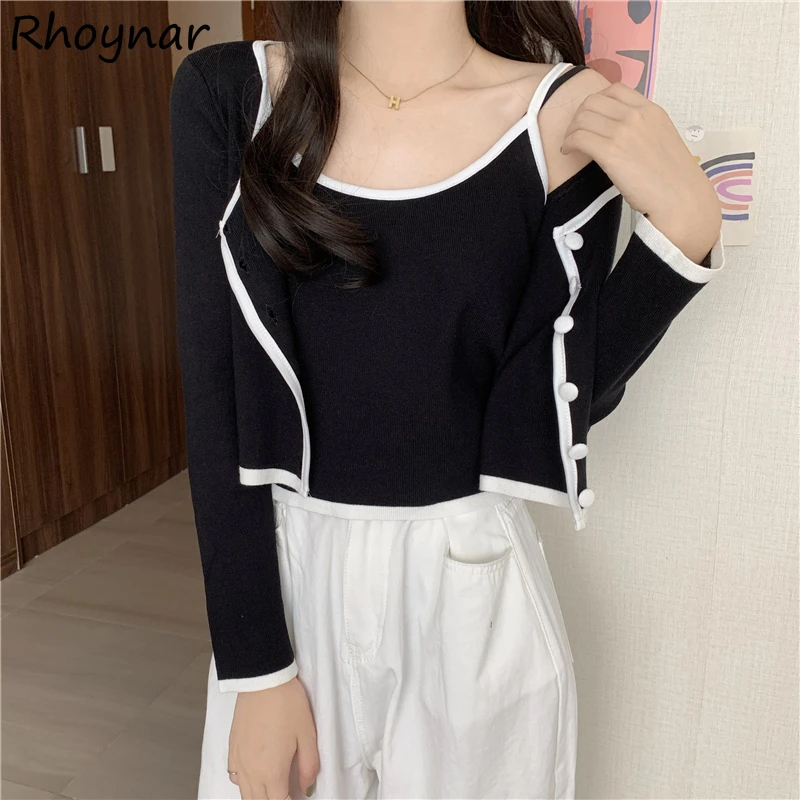 2 ピースセット女性パネル付きレジャースリムオールマッチ O ネックシングルブレストカレッジニット伸縮性のあるエレガントで居心地の良い女性オルチャン