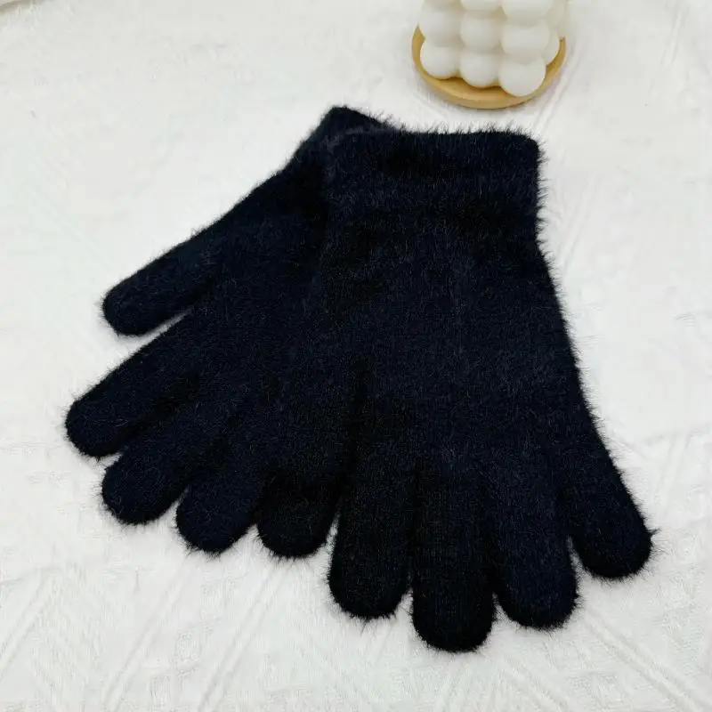 Moda de Corea para mujer, bonito Otoño Invierno, montar, Color sólido, felpa, cómodo, frío, cálido, peludo, tejido, bonitos guantes de lana