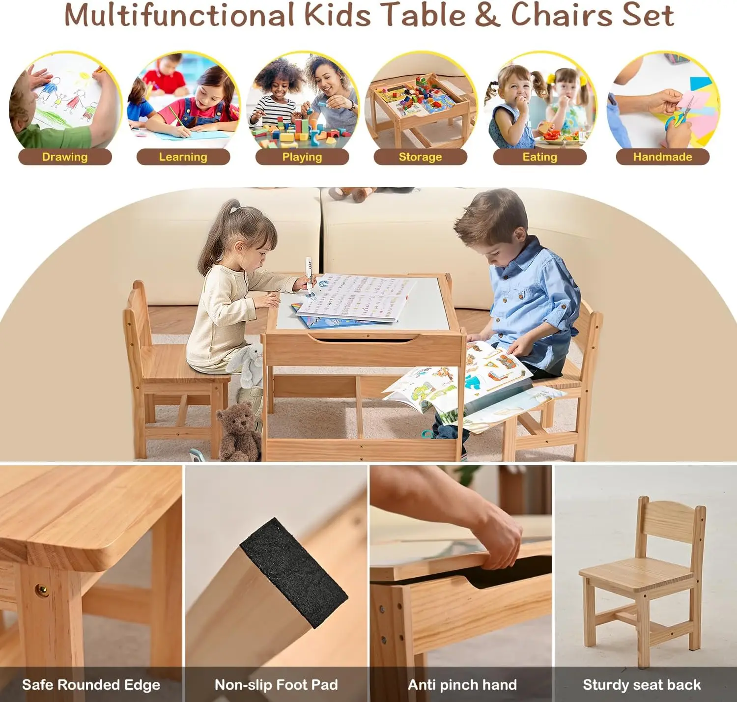 3 in 1 Kids Table and Set with Storage New Enamel Whiteboard and Built in Plate Detachable Tabletop Children Furniture Toddler 3