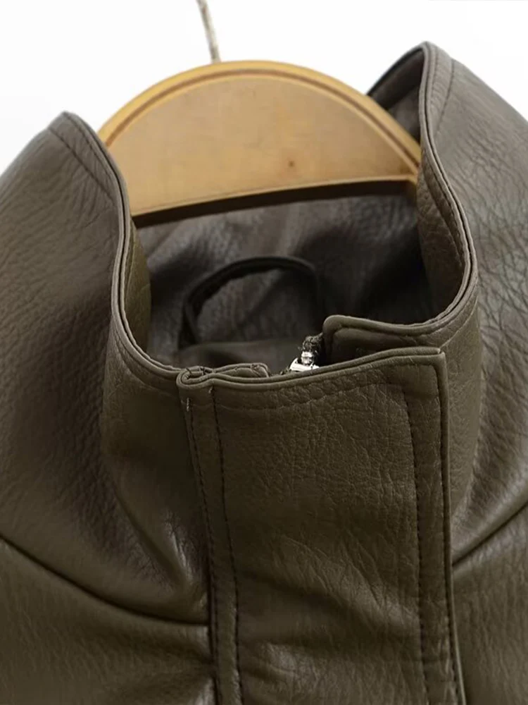 Europejska moda damska, uniwersalna, elegancka, błyszcząca kurtka z imitacji skóry, stójka, długi rękaw, krótka.