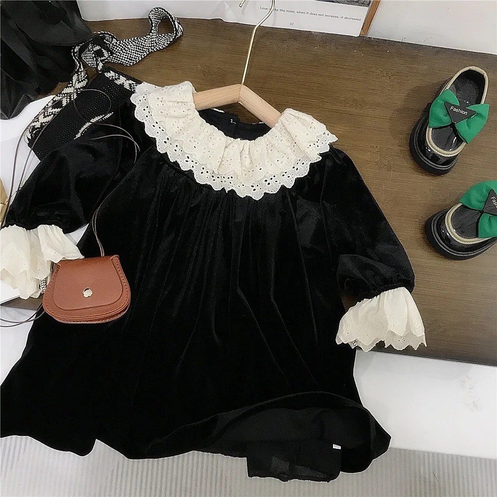 

Lace-trimmed Dress Princess Dress For Girls Black Velvet Elegant Children Clothes For 3-8Y Baby Girl Party Dresses Prom Night