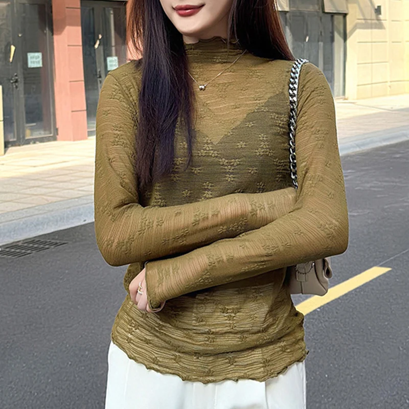 بلوزة كورية مكشكشة نصف عالية الياقة المدورة وأكمام طويلة قمصان جديدة مثيرة من الدانتيل الشبكي بلوزات شفافة أنيقة تناسب الجميع