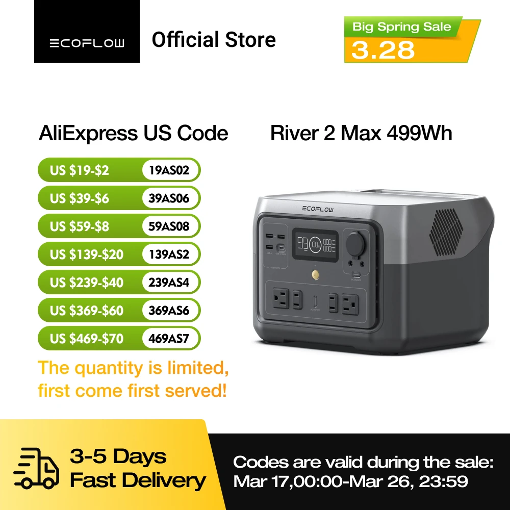 ECOFLOW Portable Power Station RIVER 2 Max, 499Wh/512Wh LiFePO4 Battery/ 1 Hour Fast Charging, Up To 1000W Output