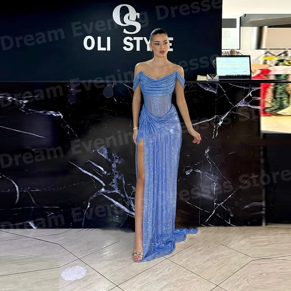 Vestidos de noite femininos de sereia brilhante fora do ombro vestidos de baile personalizados sem mangas fenda lateral vestido de gala noche mujer