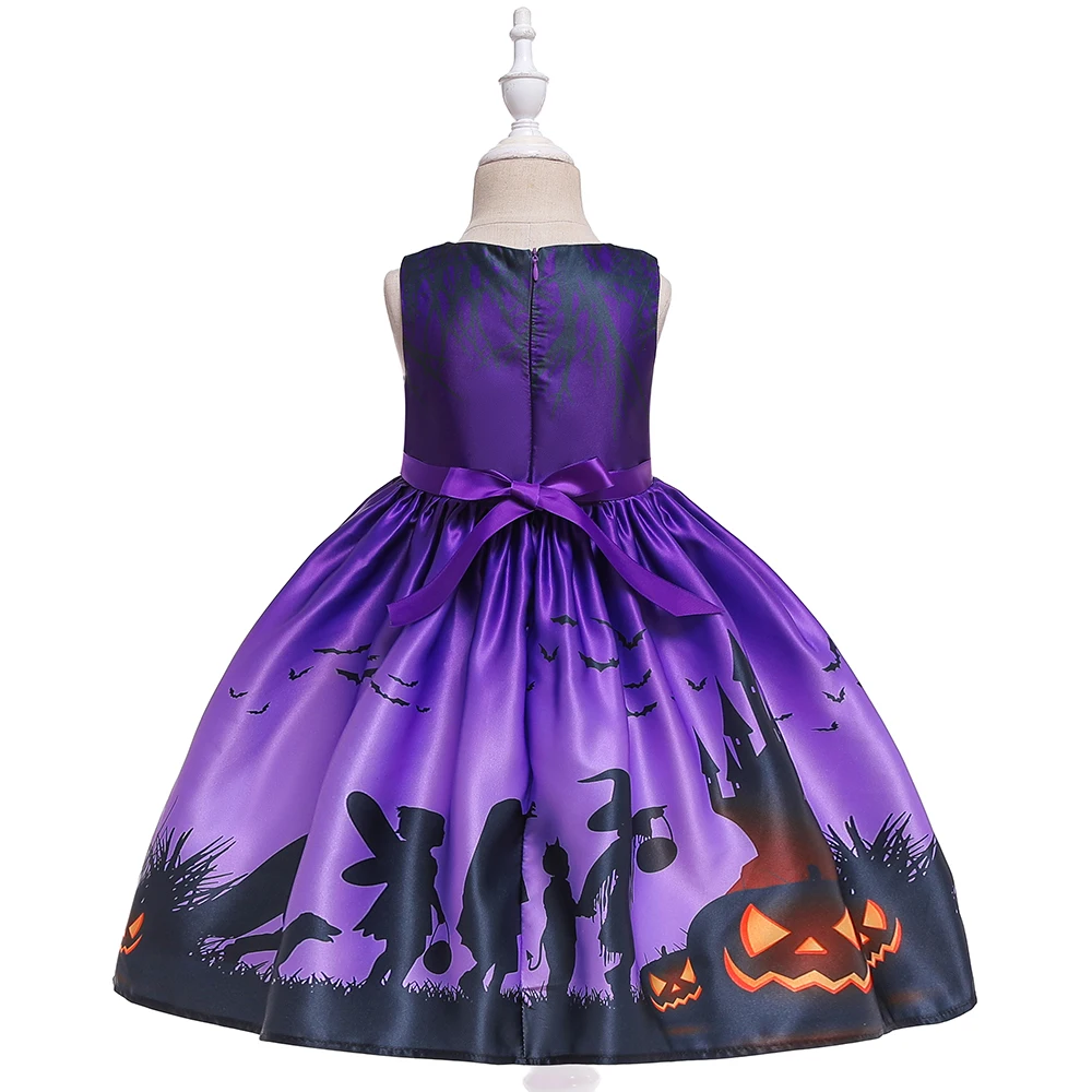 Halloween Pumpkin Bat Print Costumes for Girl Carnival Ghost Black Lace Birthday Party Dresses Girl Gothic Cosplay Kids Clothing