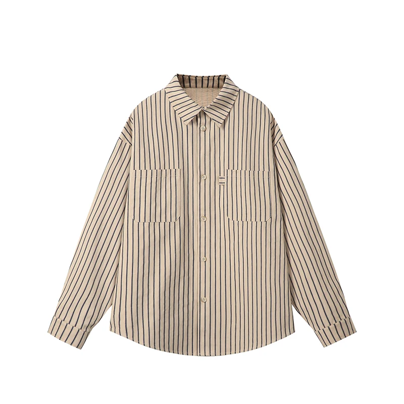 

Новая осенняя полосатая рубашка с длинным рукавом, модный воротник с лацканами на пуговицах и двойными нагрудными карманами, мужская и женская повседневная офисная одежда