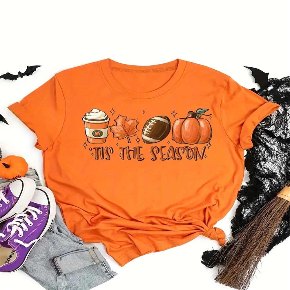 Halloween Women's Round Neck T-shirt Versatile Pumpkin Print Fashionable Set The Atmosphere Autumn/Winter New Y2k Oversized