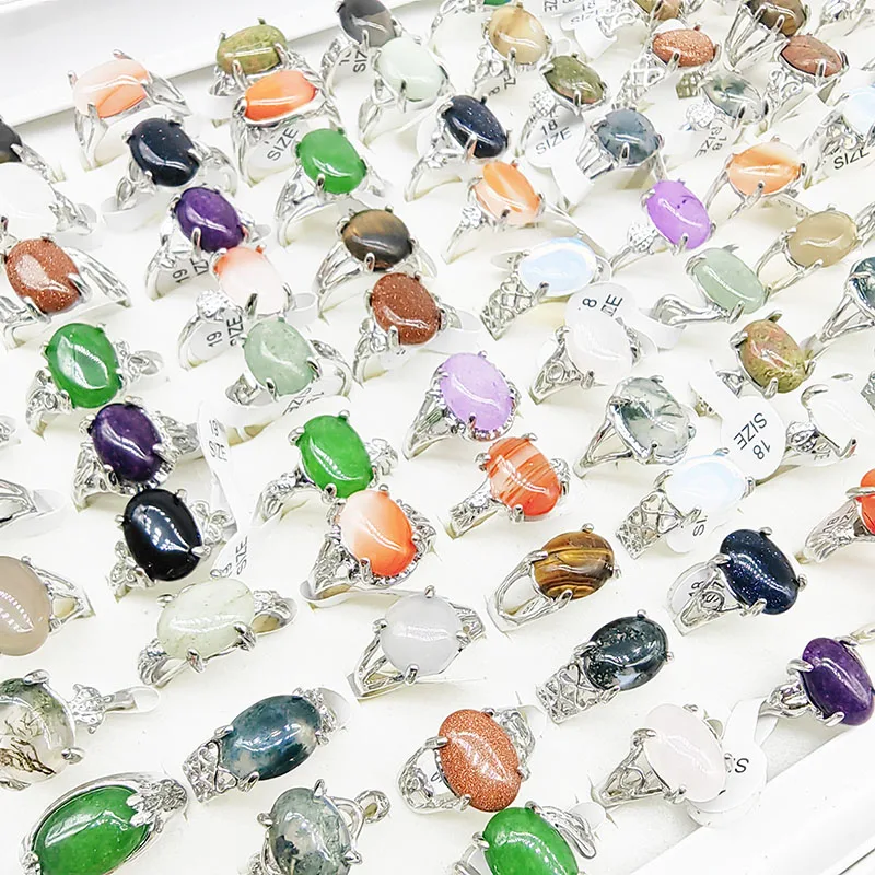 50pcs/lot wholesale newest mix style natural stone finger rings for women silver color mix size joint ring party wedding jewelry