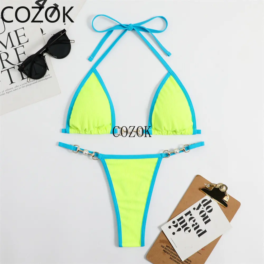 Metal Chain Bikini Set Women 2023 Swimwear Push Up Halter Tie-up Bra+Triangle Thong Two-Piece Bathing Suit Brazilian Biquinis