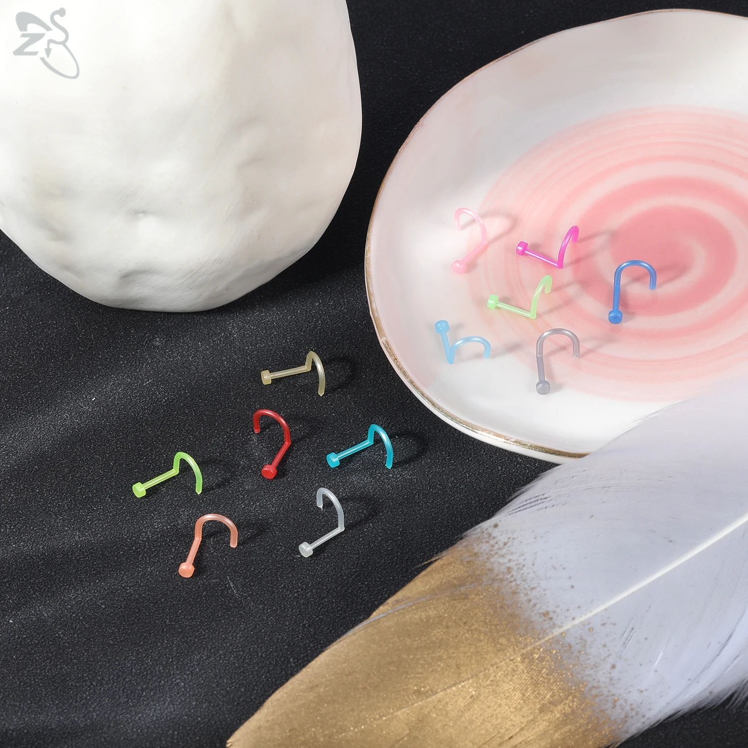 ZS 12PCS/Lot 20G Anti Allergy Acrylic Nose Stud Set I/L/S Shape Colorful Nostril Piercings Invisible Pin Nose Piercing  Jewelry