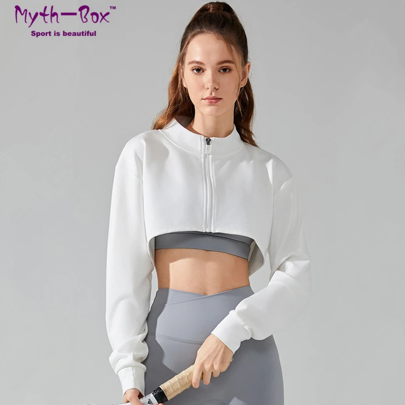 Women Sport Jackets Loose Yoga Coat Sexy Cropped Running Jacket Long Sleeves Sweatshirts Zipper Gym Fitness Tops Clothing Female