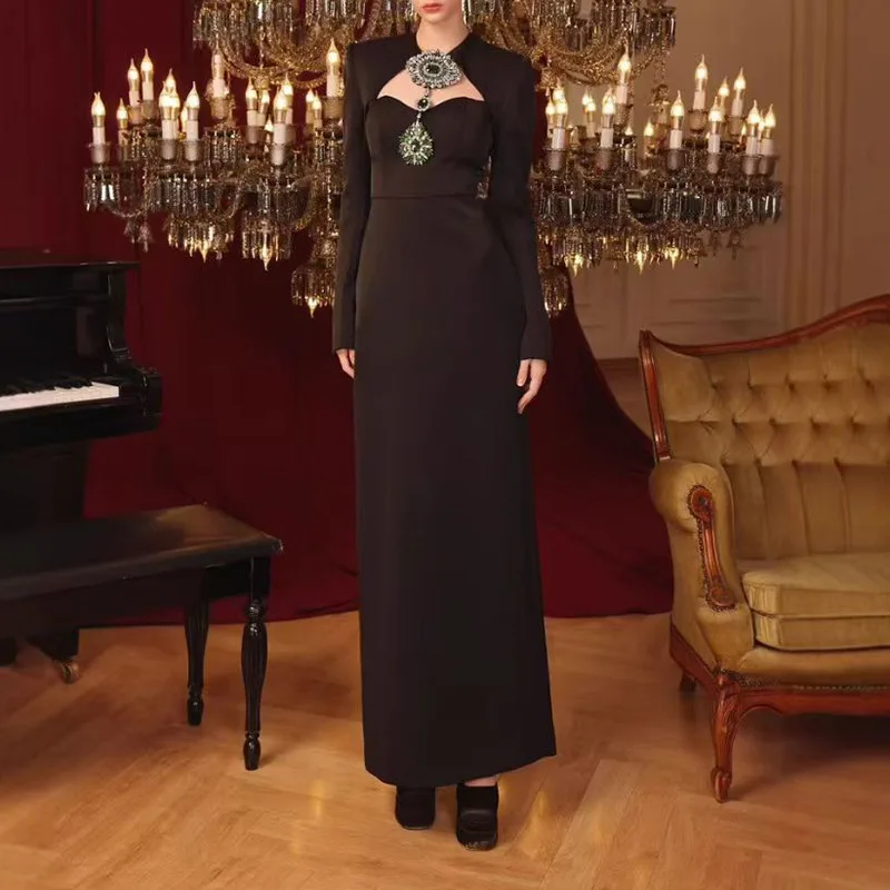 

Southeast Asia Sexy Black Sheath Long Bandage Jeweled Pendant Waist Dress 2025 Summer New