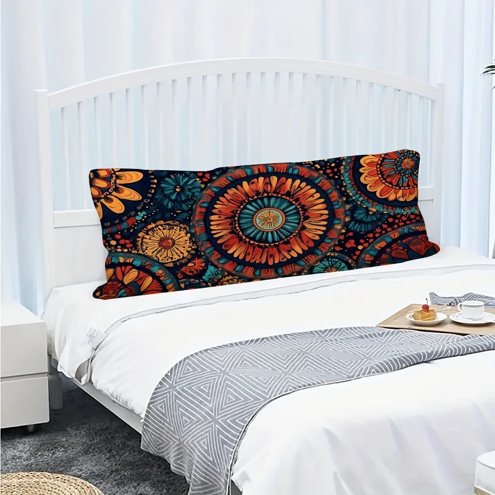 Double-Sided Boho Mandala Pillow Cover - Vibrant Teal Orange Yellow Floral Patterns, Zipper Closure Body Pillow Case