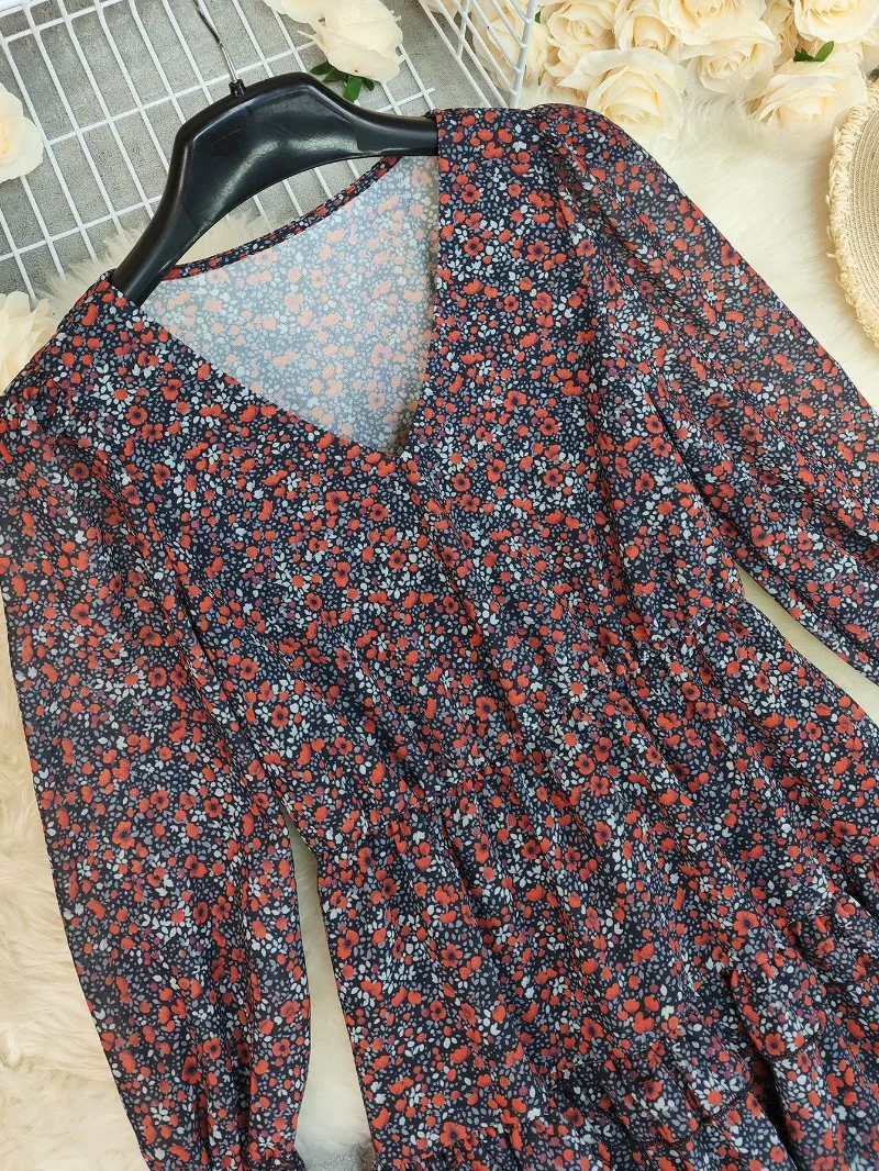 Vintage Printed Women's Dresses French Shirt Fashion A-line Summer V-neck Spring/Summer Casual Clothing Long-sleeved Women Dress