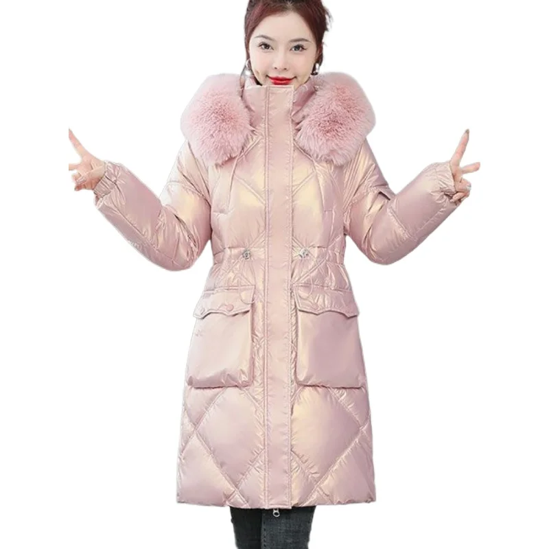 

2023 New Women Down Cotton Coat Winter Jacket Female Mid Length Version ParkasThick Loose Large Size Outwear Fur Collar Overcoat